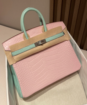 에르메스 버킨백25 핑크 민트그린 은장 악어가죽